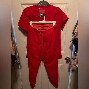Figs pop red FULL set limited edition scrubs-three pocket S scrub top, XS jogger